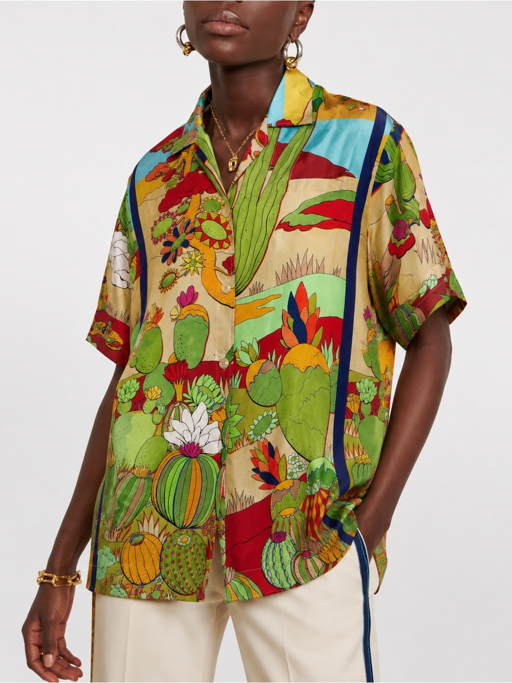 ETRO Oversized Silk Floral Cactus Western Printed Blouse